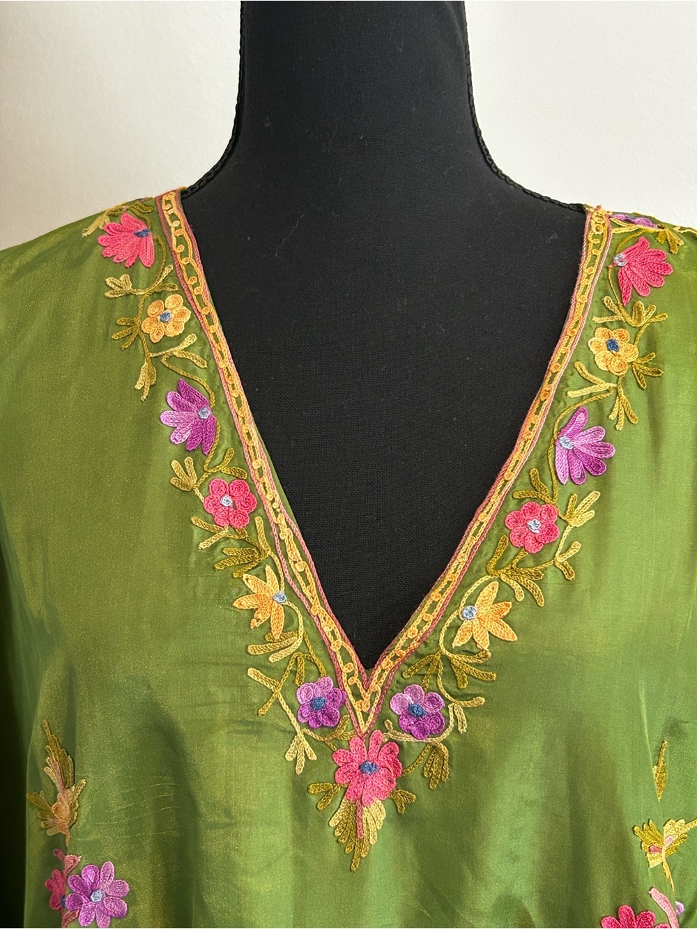 Vintage Y2K Boho Embroidered Kaftan Tunic Dress 2x Floral Green - Picture 3 of 7